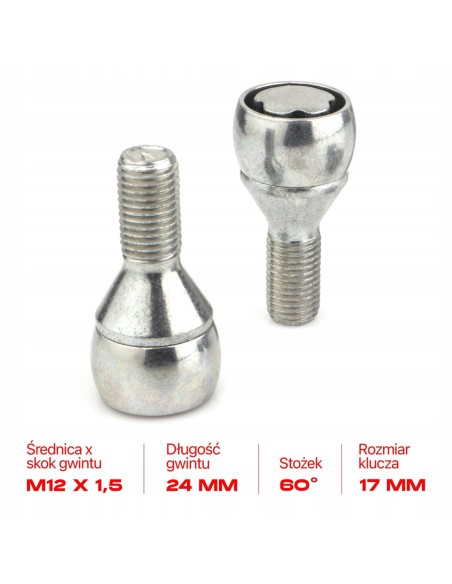 Śruby Zabezpieczające M12x1.5x23mm BMW FIAT MINI OPEL RENAULT SAAB SUZUKI