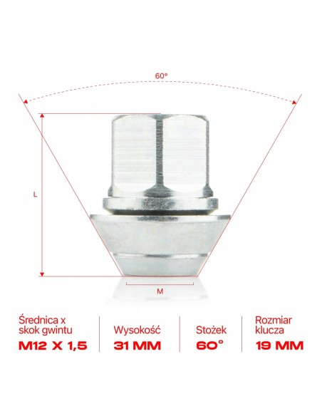 Nakrętka do kół felg M12x1.5x31mm FORD