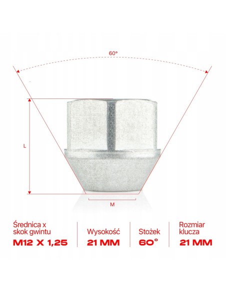 Nakrętka do felg M12x1.25x21mm NISSAN RENAULT
