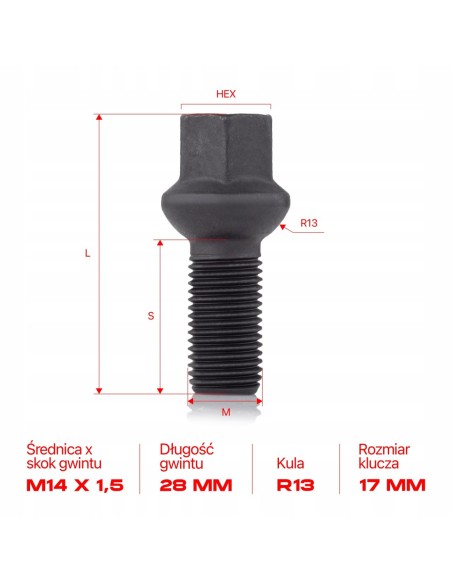 Śruba do kół felg M14x1.5x28mm AUDI CUPRA SEAT SKODA VOLKSWAGEN VW