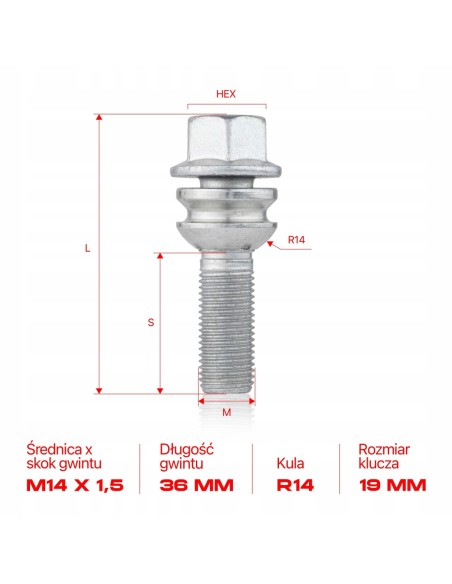 Śruba do kół felg M14x1.5x36mm AUDI PORSCHE VOLKSWAGEN