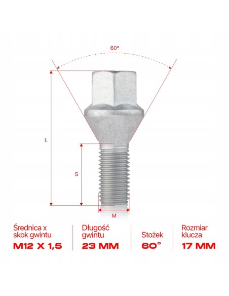 Śruba do felg M12x1.5x23mm DACIA FIAT FORD NISSAN OPEL RENAULT