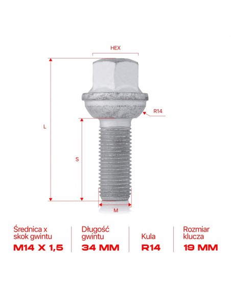 Śruba do felg M14x1.5x34mm FORD VOLKSWAGEN VW