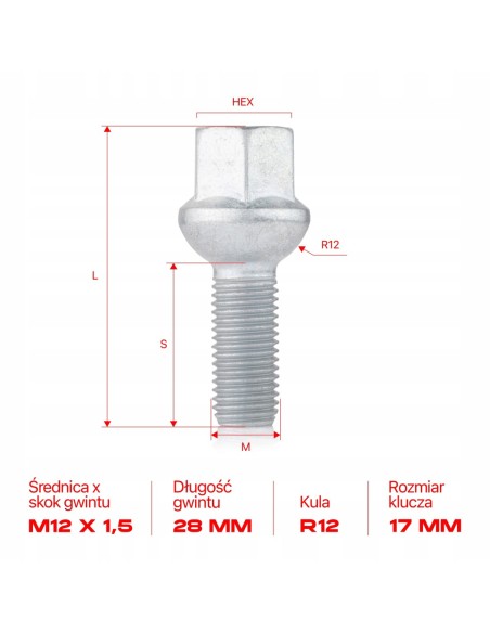 Śruba do felg M12x1.5x28mm SKODA VOLKSWAGEN