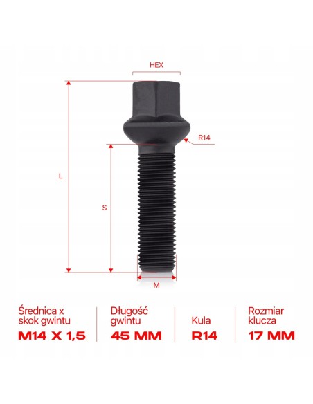 Śruby do kół felg M14x1.5x45mm MERCEDES