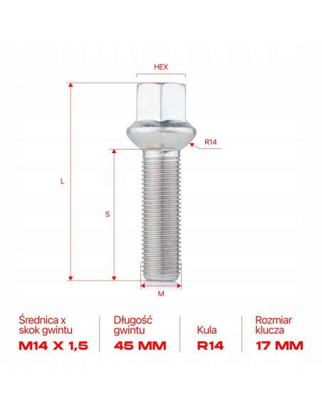 Śruby do kół felg M14x1.5x45mm MERCEDES