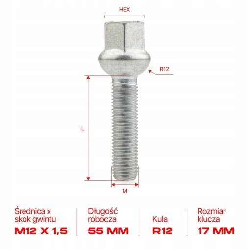 10 x DŁUGIE ŚRUBY GETMANN M12x1.5x55mm Kula R12 Klucz 17