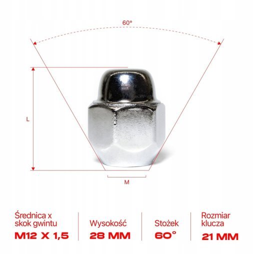 Nakrętka do felg kół M12x1.5x28mm HYUNDAI KIA MAZDA