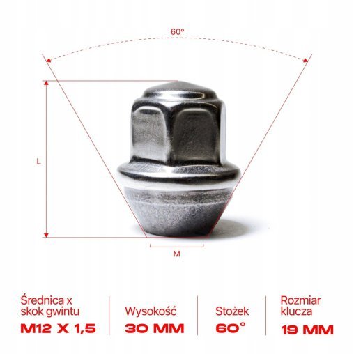 Nakrętki do felg kół M12x1.5x30mm FORD