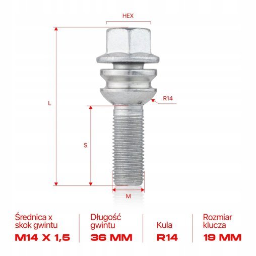 Wheel Bolt M14x1.5x36mm AUDI PORSCHE VOLKSWAGEN