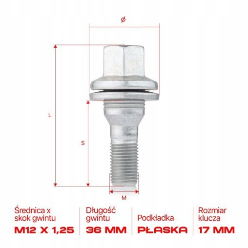 Śruba do felg M12x1.25x36mm CITROEN PEUGEOT