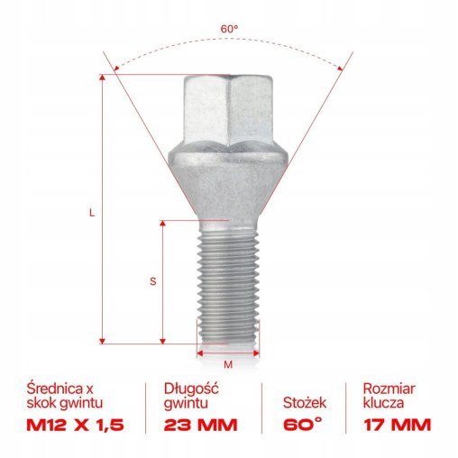 Śruba do felg M12x1.5x23mm DACIA FIAT FORD NISSAN OPEL RENAULT