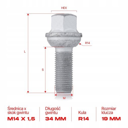 Wheel Bolt M14x1.5x34mm FORD VOLKSWAGEN VW