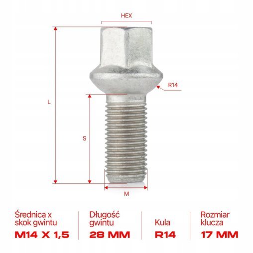 Śruba do kół felg M14x1.5x28mm LEXUS MERCEDES SUBARU TOYOTA