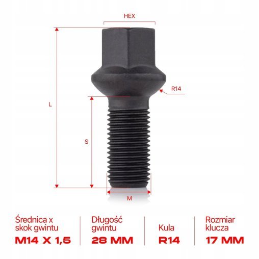 Śruba do kół felg M14x1.5x28mm LEXUS MERCEDES SUBARU TOYOTA