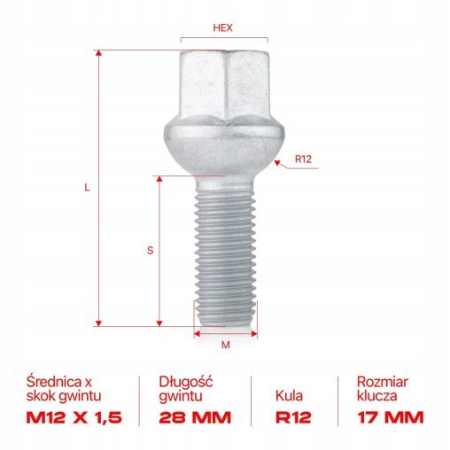 Wheel Bolt M12x1.5x28mm SKODA VOLKSWAGEN