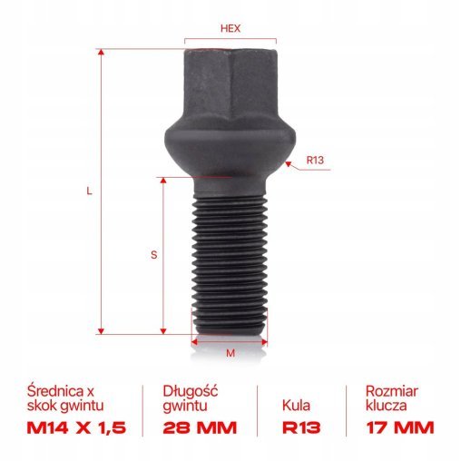 Śruby do kół felg M14x1.5x28mm AUDI SEAT SKODA VOLKSWAGEN VW