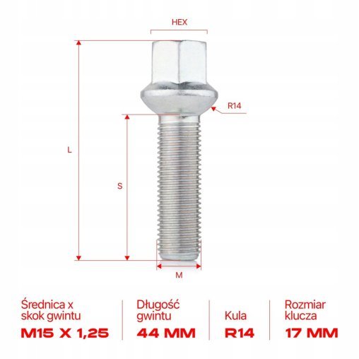 Wheel Bolts M15x1.25x44mm MERCEDES
