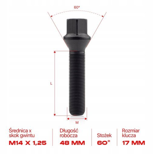 10 x DŁUGIE ŚRUBY GETMANN M14x1.25x48mm Stożek Klucz 17