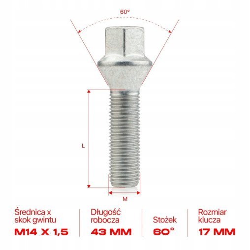 10 × DŁUGIE ŚRUBY M14x1.5x43mm Stożek Klucz 17