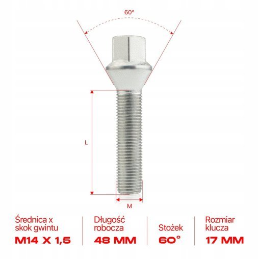10 × DŁUGIE ŚRUBY GETMANN M14x1.5x48mm Stożek Klucz 17