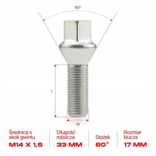 10 x DŁUGIE ŚRUBY GETMANN M14x1.5x33mm Stożek Klucz 17