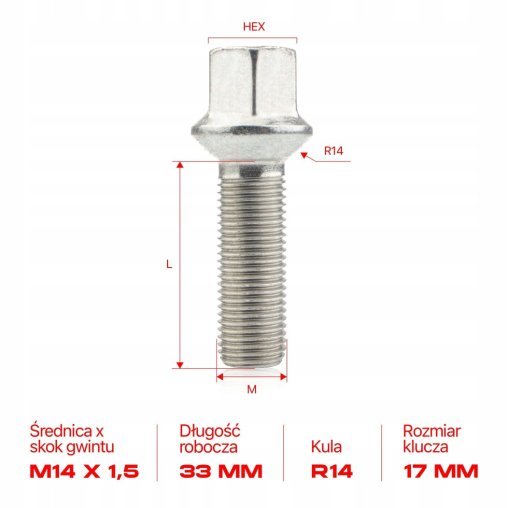 10 × DŁUGIE ŚRUBY GETMANN M14x1.5x33mm Kula R14 Klucz 17