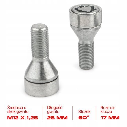 Locking Wheel Bolts M12x1.25x25mm ALFA ROMEO CITROEN FIAT LANCIA PEUGEOT