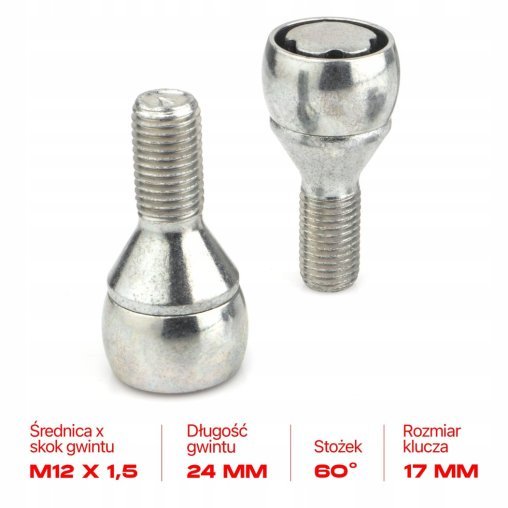 Śruby Zabezpieczające M12x1.5x23mm BMW FIAT MINI OPEL RENAULT SAAB SUZUKI