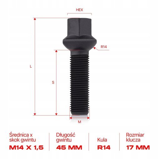 Śruby do kół felg M14x1.5x45mm MERCEDES