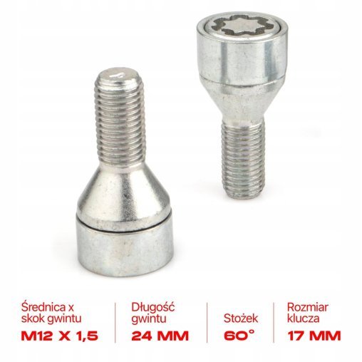 Śruby Zabezpieczające M12x1.5x24mm BMW DACIA FIAT FORD OPEL RENAULT