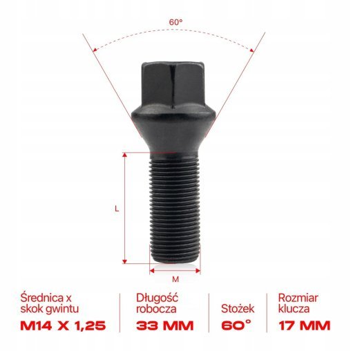 10 x DŁUGIE ŚRUBY GETMANN M14x1.25x33mm Stożek Klucz 17