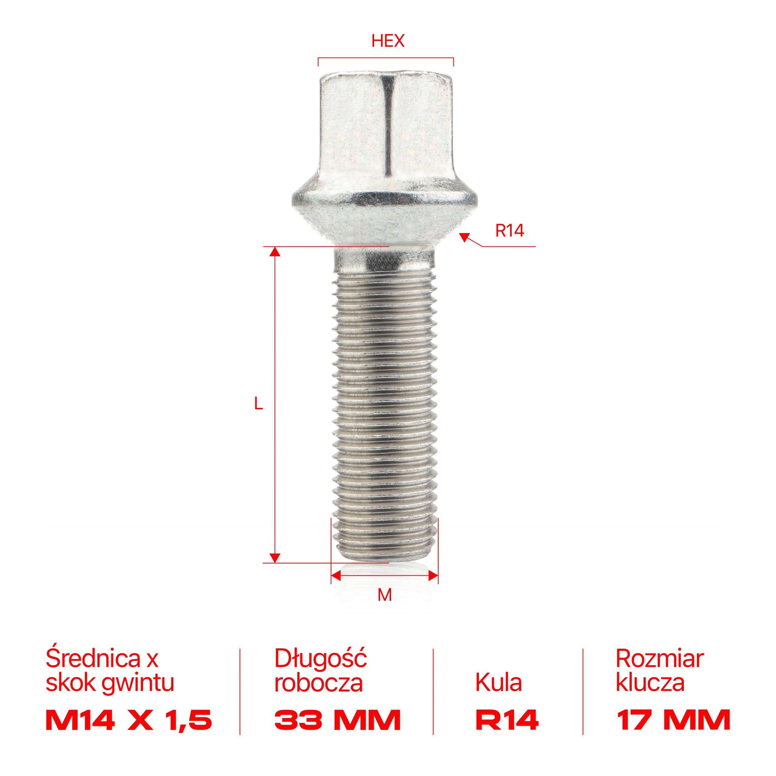 10 × DŁUGIE ŚRUBY GETMANN M14x1.5x33mm Kula R14 Klucz 17 1
