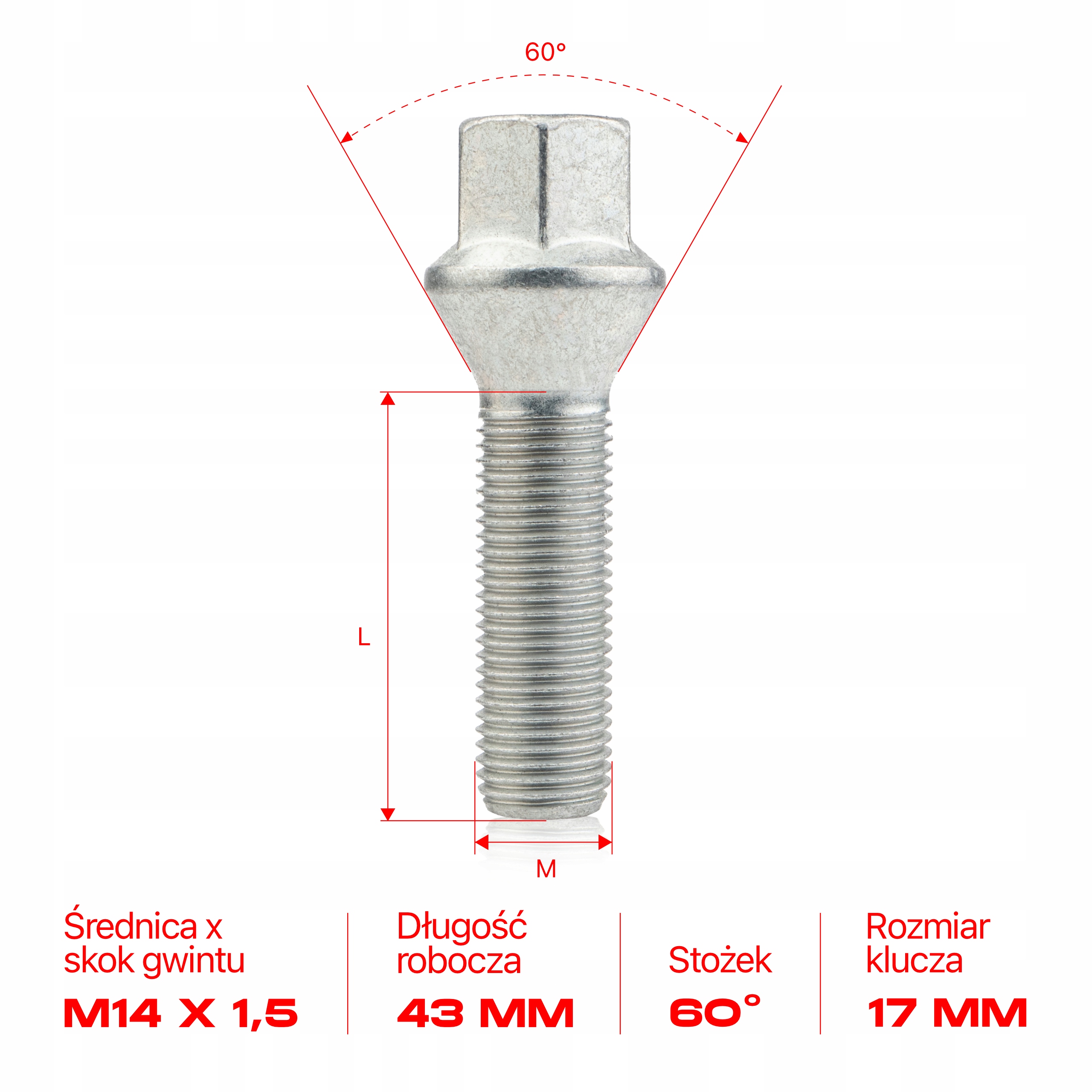 10 × DŁUGIE ŚRUBY M14x1.5x43mm Stożek Klucz 17 2
