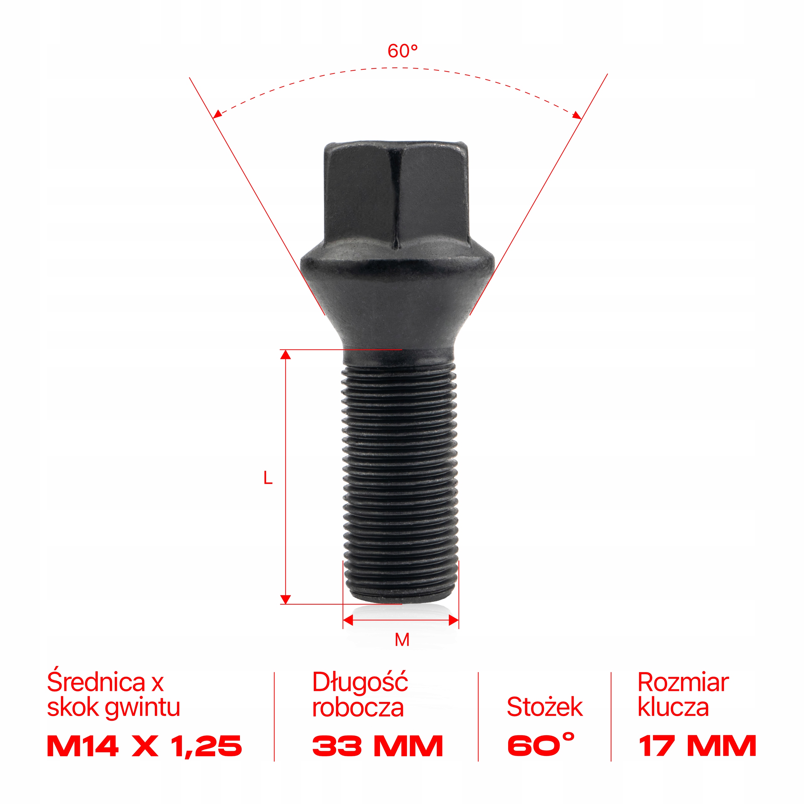10 x DŁUGIE ŚRUBY GETMANN M14x1.25x33mm Stożek Klucz 17 2