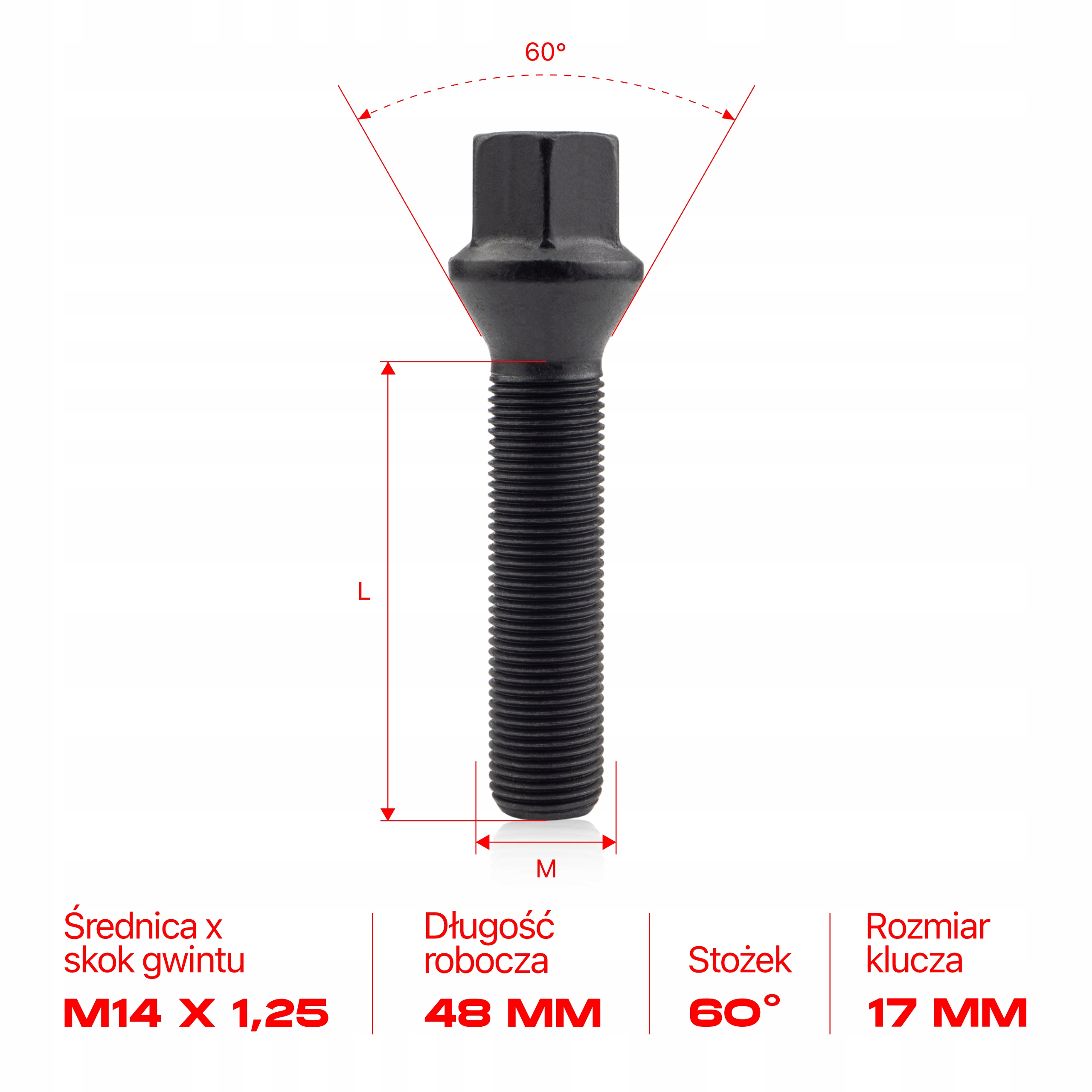 10 x DŁUGIE ŚRUBY GETMANN M14x1.25x48mm Stożek Klucz 17 2