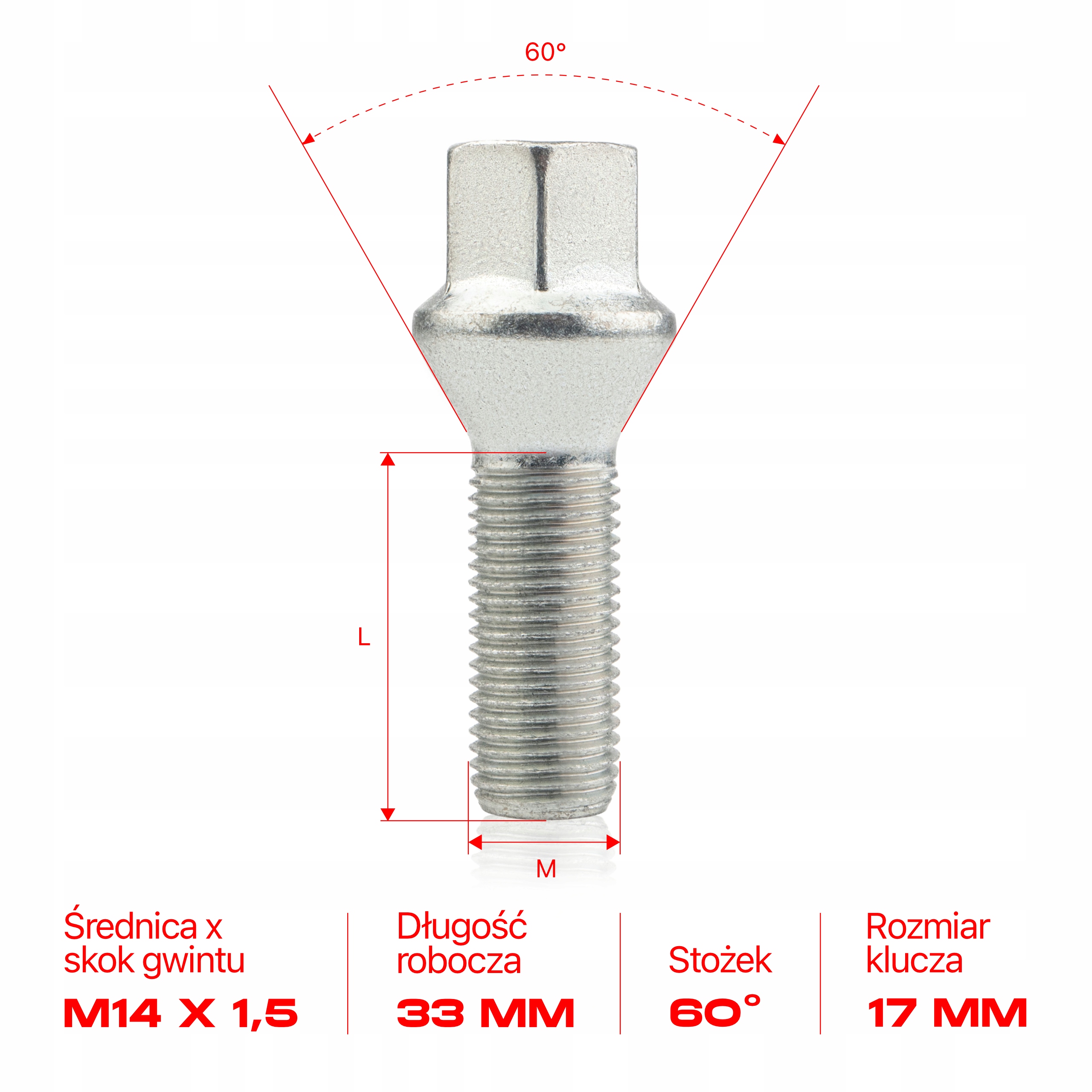 10 x DŁUGIE ŚRUBY GETMANN M14x1.5x33mm Stożek Klucz 17 2