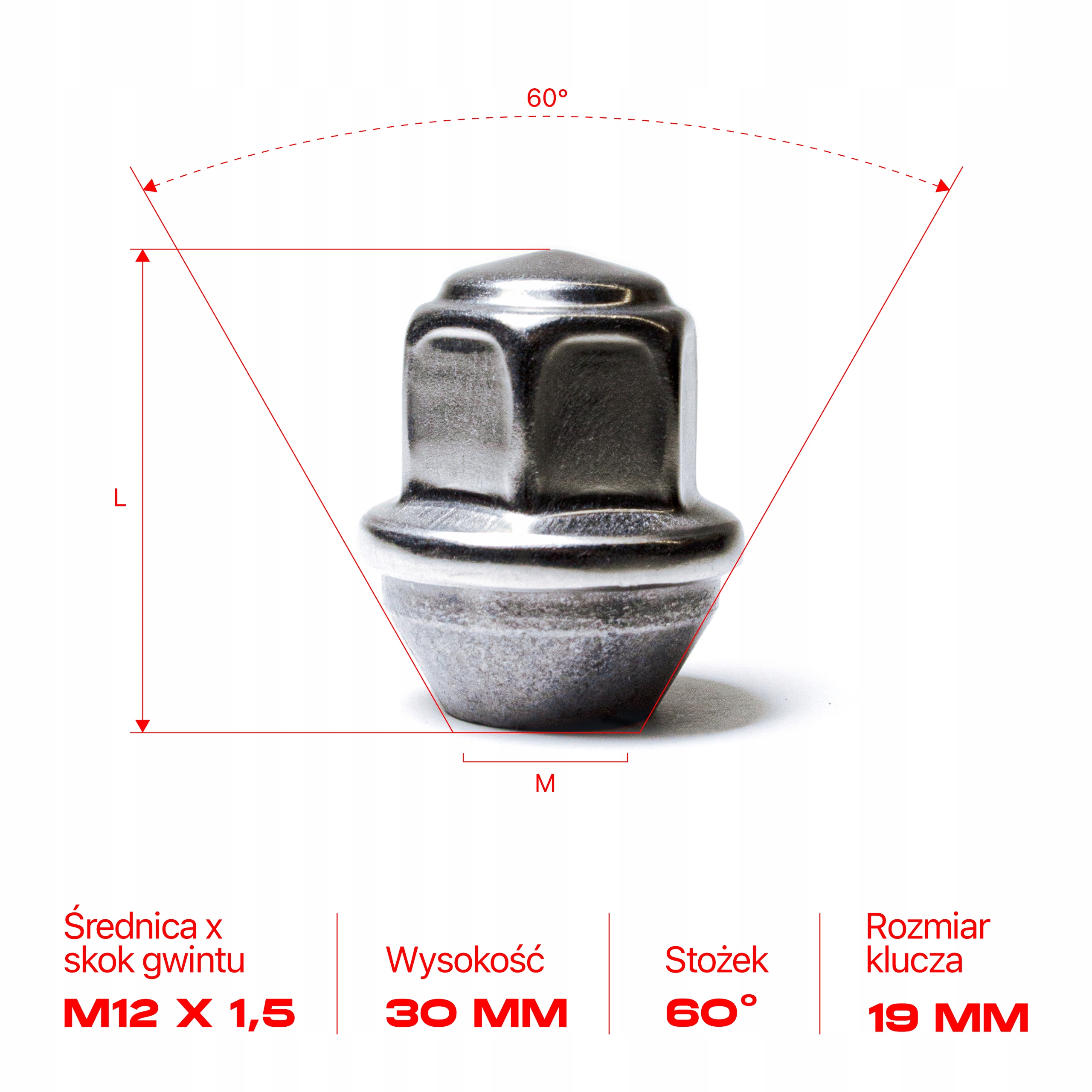 Nakrętka do felg kół M12x1.5x30mm FORD 1