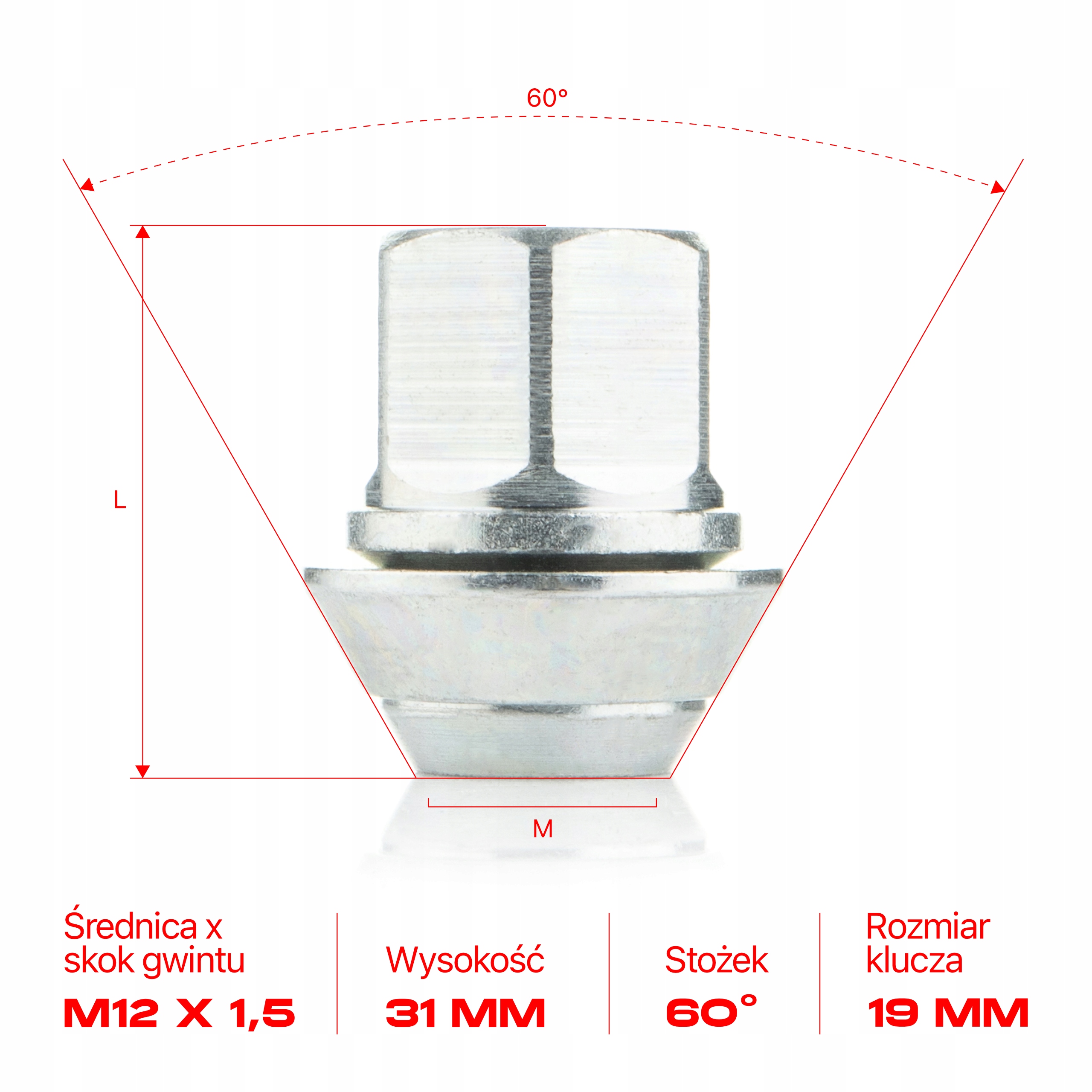 Nakrętka do kół felg M12x1.5x31mm FORD 2