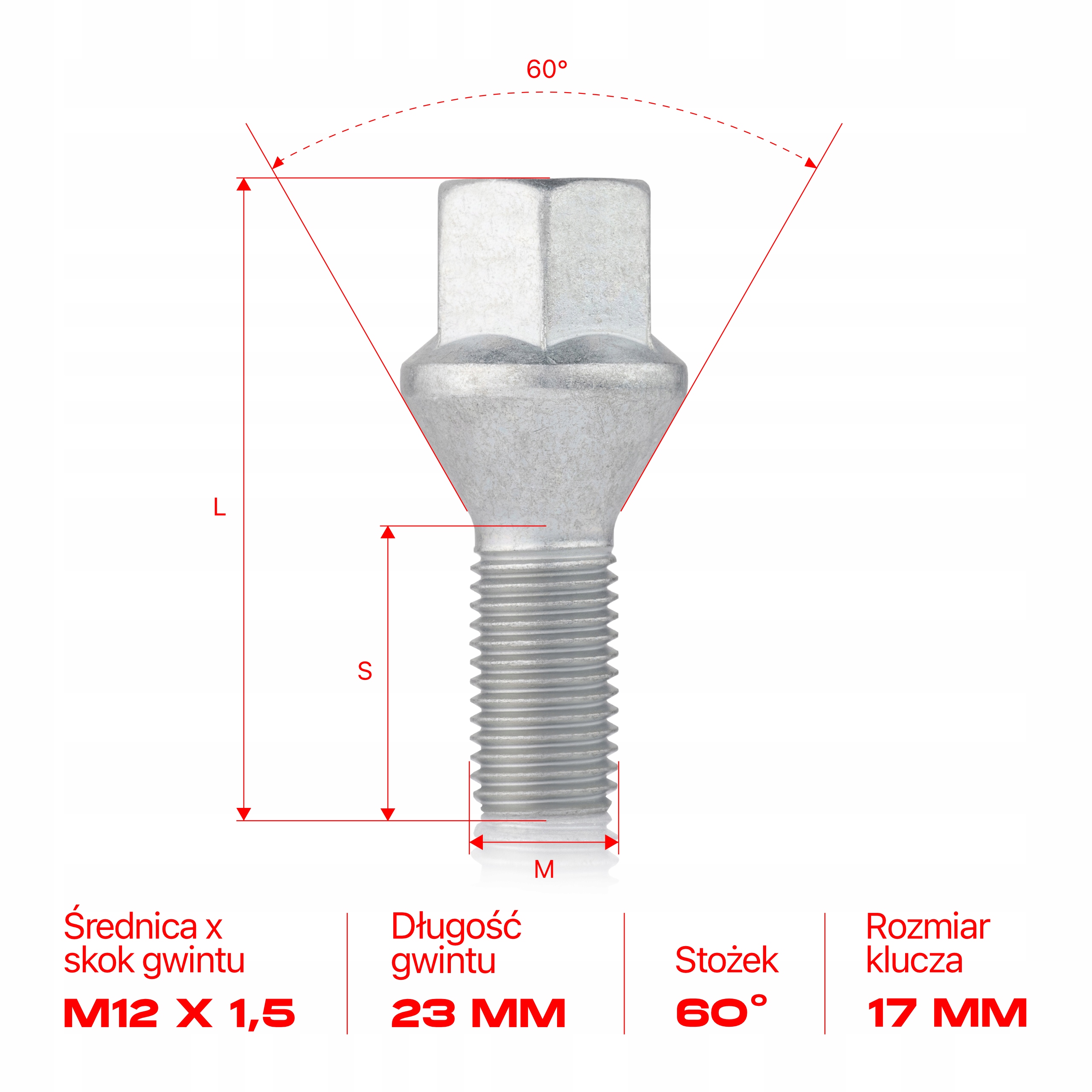 Śruba do felg M12x1.5x23mm DACIA FIAT FORD NISSAN OPEL RENAULT 1