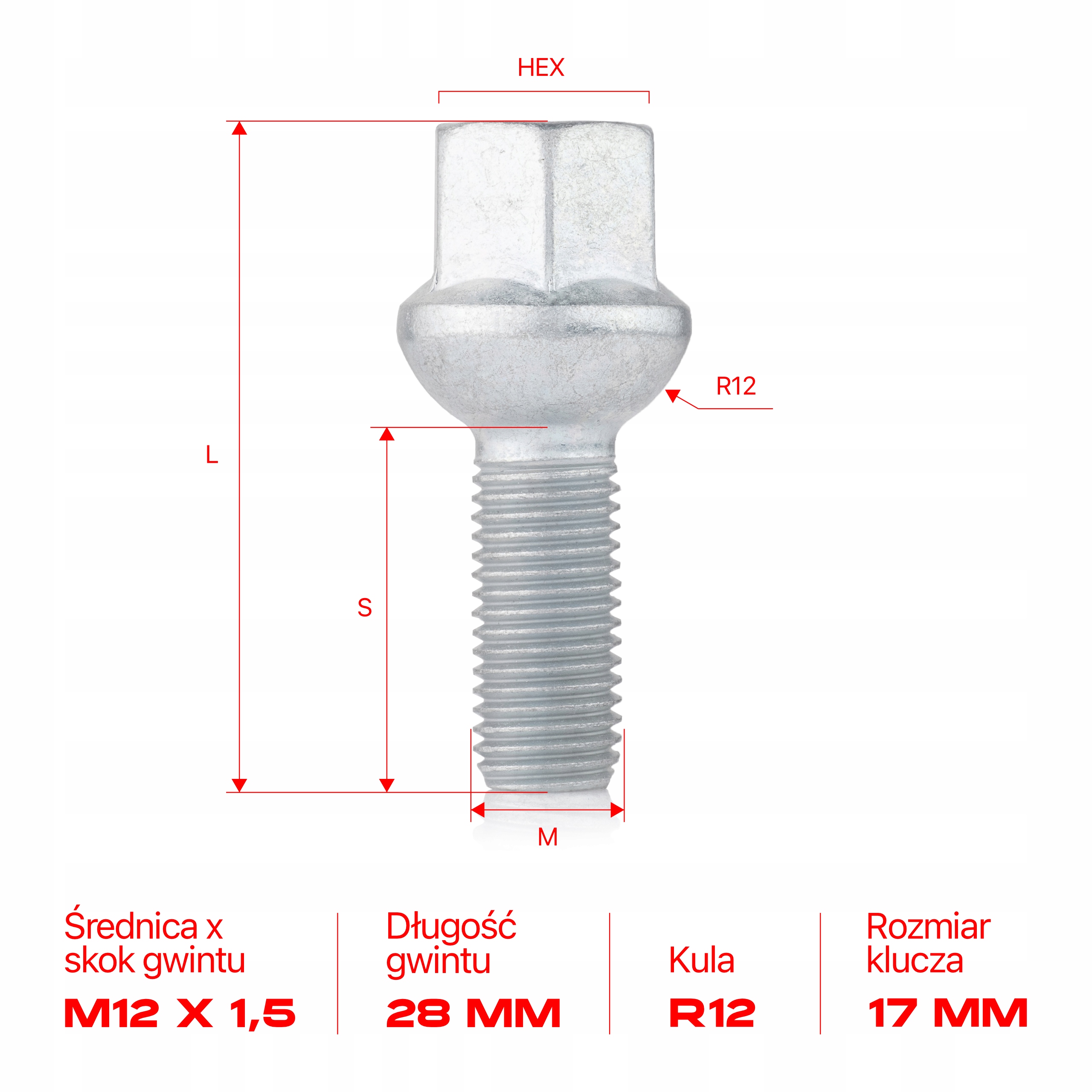 Śruba do felg M12x1.5x28mm SKODA VOLKSWAGEN 2