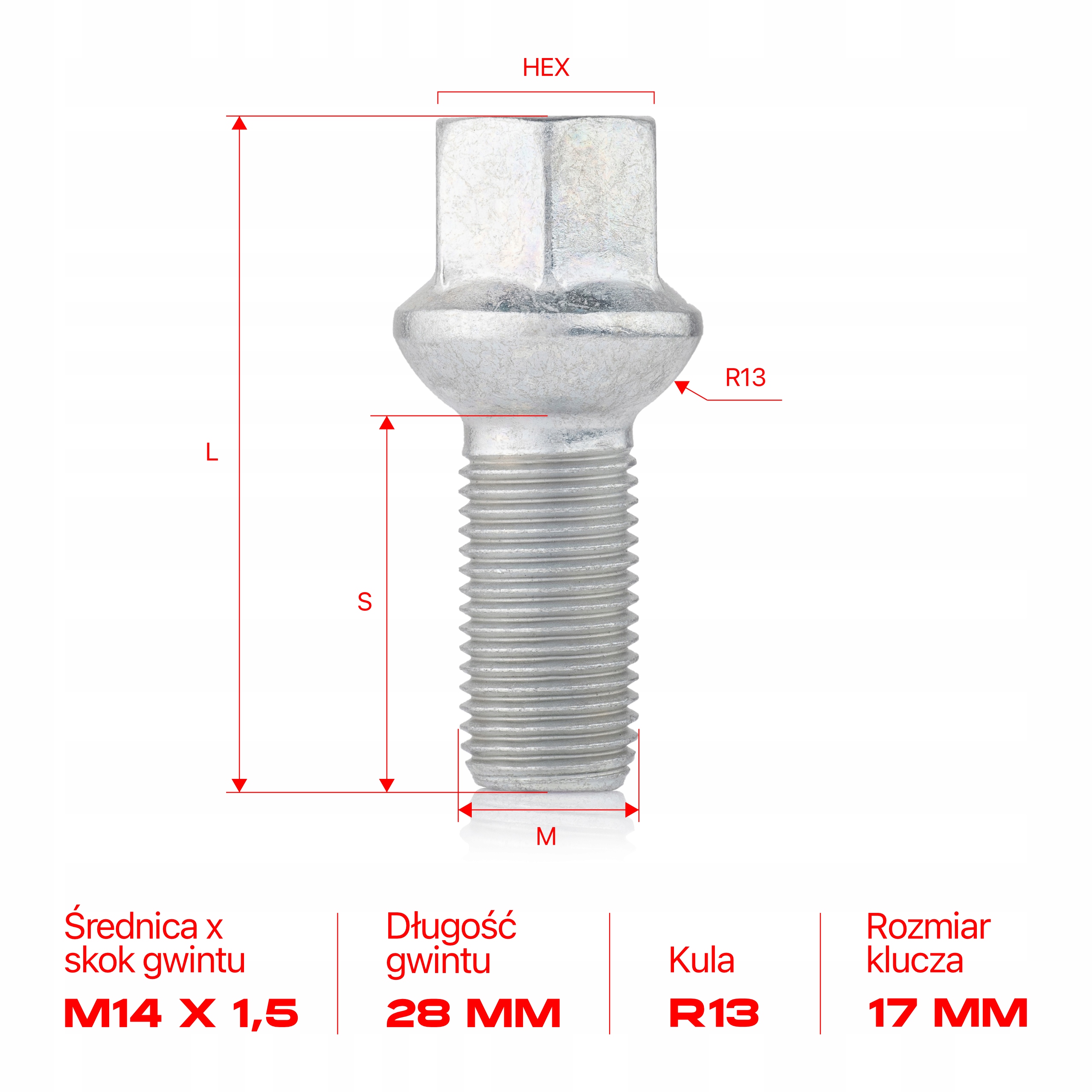 Śruba do kół felg M14x1.5x28mm AUDI CUPRA SEAT SKODA VOLKSWAGEN VW 2