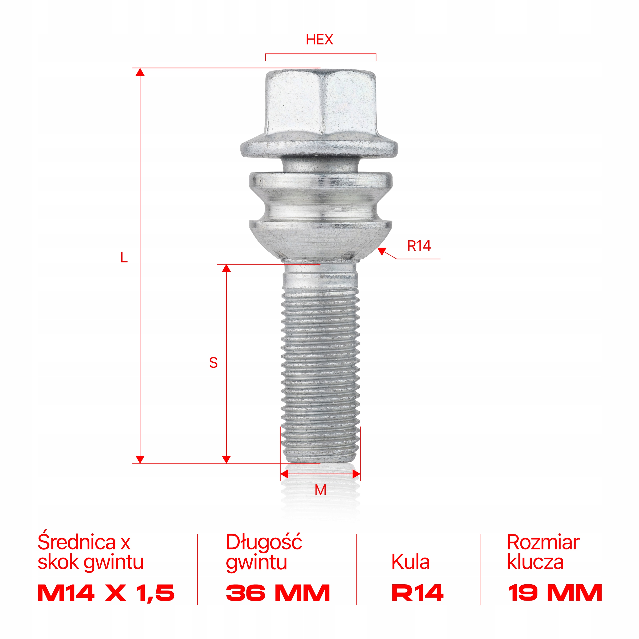 Śruba do kół felg M14x1.5x36mm AUDI PORSCHE VOLKSWAGEN 2